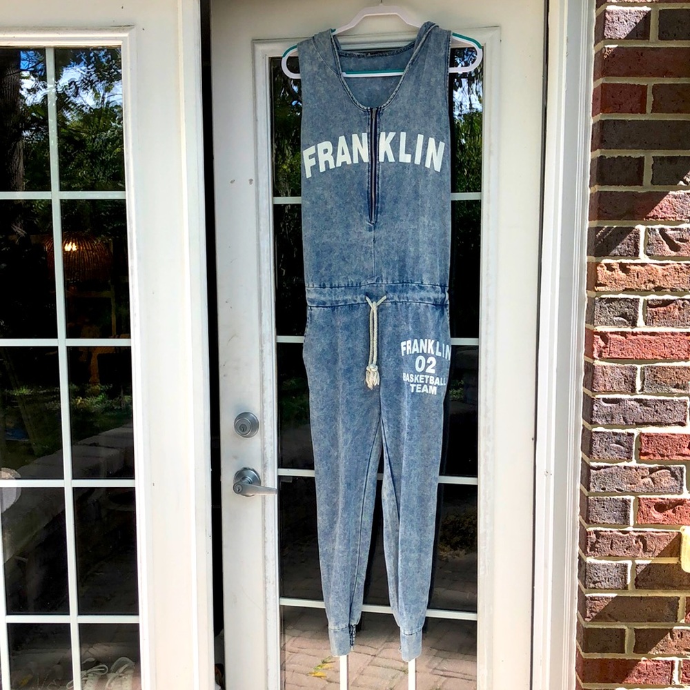 Designer Franklin Baseball Hooded Denim Jean Romper Jumpsuit